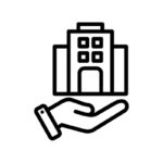 Icon of a building with a hand underneath, representing property management junk removal services.