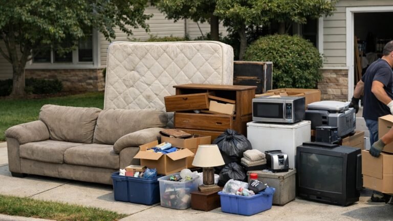 Curbside pile of furniture, appliances, and household items for junk removal